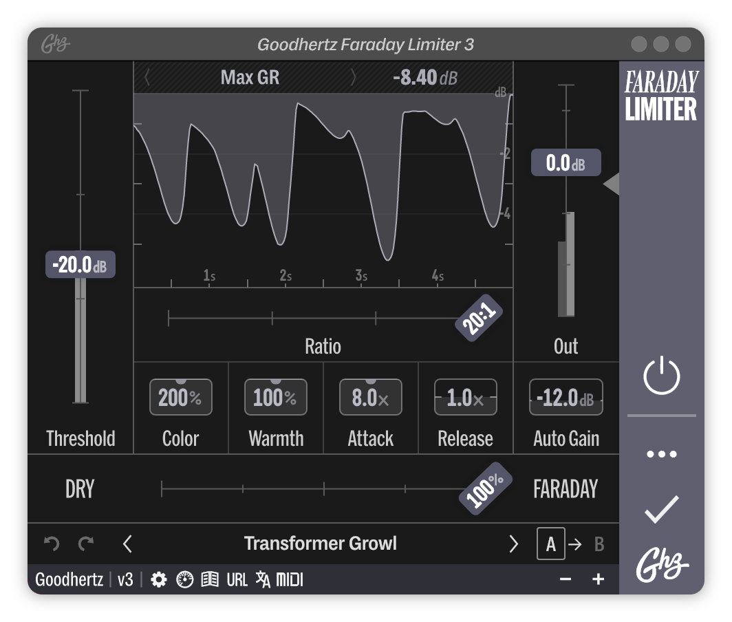 A screenshot of the Faraday Limiter interface