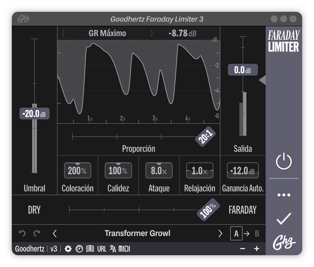 A screenshot of the Faraday Limiter interface