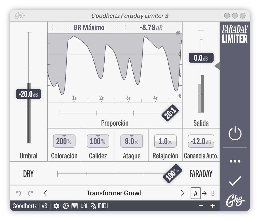 A screenshot of the Faraday Limiter interface