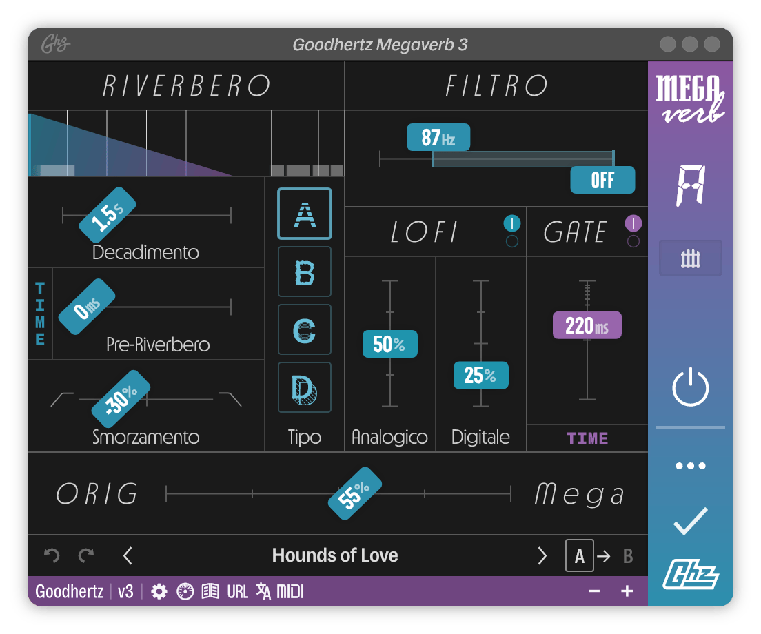 A screenshot of the Megaverb interface